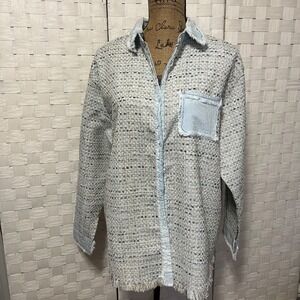 Grace + Karma Denim Tweed Shirt Jacket Frayed‎ Hem Pocket Long Sleeve Large